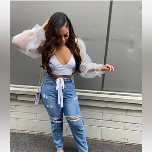 Zara White tie top with dramatic mesh sleeves